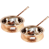 Set of 2 Prisha India Craft B. High Quality Handmade Steel Copper Casserole and Serving Spoon - Set of Copper Handi and Serving Spoon - Copper Bowl Dia - 5.00  X Height - 2.00  - Christmas Gift