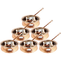 Set of 6 Prisha India Craft B. High Quality Handmade Steel Copper Casserole and Serving Spoon - Set of Copper Handi and Serving Spoon - Copper Bowl Dia - 6.00  X Height - 2.25  - Christmas Gift