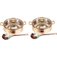 Set of 2 Prisha India Craft B. High Quality Handmade Steel Copper Casserole with Lid and Serving Spoon - Set of Copper Handi and Serving Spoon - Bowl Dia - 5.00  X Height - 2.25  - Christmas Gift