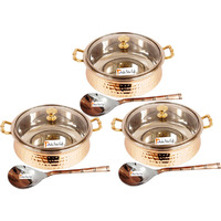 Set of 3 Prisha India Craft B. High Quality Handmade Steel Copper Casserole with Lid and Serving Spoon - Set of Copper Handi and Serving Spoon - Bowl Dia - 5.00  X Height - 2.25  - Christmas Gift