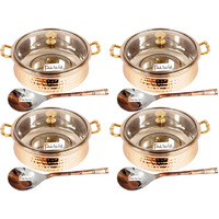 Set of 4 Prisha India Craft B. High Quality Handmade Steel Copper Casserole with Lid and Serving Spoon - Set of Copper Handi and Serving Spoon - Bowl Dia - 5.00  X Height - 2.25  - Christmas Gift