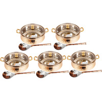 Set of 5 Prisha India Craft B. High Quality Handmade Steel Copper Casserole with Lid and Serving Spoon - Set of Copper Handi and Serving Spoon - Bowl Dia - 5.00  X Height - 2.25  - Christmas Gift