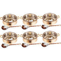 Set of 6 Prisha India Craft B. High Quality Handmade Steel Copper Casserole with Lid and Serving Spoon - Set of Copper Handi and Serving Spoon - Bowl Dia - 5.00  X Height - 2.25  - Christmas Gift