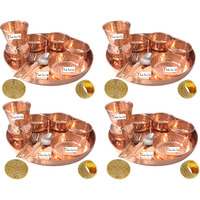 Set of 4 Prisha India Craft B. Indian Dinnerware Pure Copper Thali Set Dia 12  Traditional Dinner Set of Plate, Bowl, Spoons, Glass with Napkin ring and Coaster - Christmas Gift