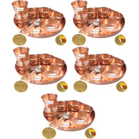 Set of 5 Prisha India Craft B. Indian Dinnerware Pure Copper Thali Set Dia 12  Traditional Dinner Set of Plate, Bowl, Spoons, Glass with Napkin ring and Coaster - Christmas Gift