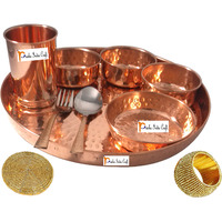 Prisha India Craft B. Handmade Indian Dinnerware Pure Copper Thali Set Dia 12  Traditional Dinner Set of Plate, Bowl, Spoons, Glass with Napkin ring and Coaster - Christmas Gift