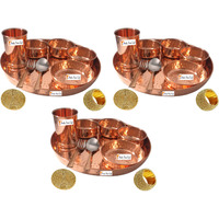 Set of 3 Prisha India Craft B. Handmade Indian Dinnerware Pure Copper Thali Set Dia 12  Traditional Dinner Set of Plate, Bowl, Spoons, Glass with Napkin ring and Coaster - Christmas Gift