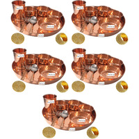 Set of 5 Prisha India Craft B. Handmade Indian Dinnerware Pure Copper Thali Set Dia 12  Traditional Dinner Set of Plate, Bowl, Spoons, Glass with Napkin ring and Coaster - Christmas Gift