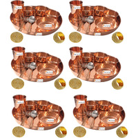 Set of 6 Prisha India Craft B. Handmade Indian Dinnerware Pure Copper Thali Set Dia 12  Traditional Dinner Set of Plate, Bowl, Spoons, Glass with Napkin ring and Coaster - Christmas Gift