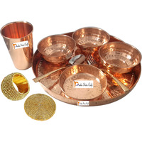 Prisha India Craft B. Dinnerware Pure Copper Thali Set Dia 12  Traditional Dinner Set of Plate, Bowl, Spoons, Glass with Napkin ring and Coaster - Christmas Gift