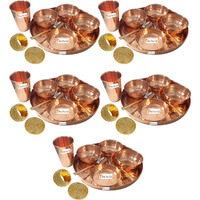 Set of 5 Prisha India Craft B. Dinnerware Pure Copper Thali Set Dia 12  Traditional Dinner Set of Plate, Bowl, Spoons, Glass with Napkin ring and Coaster - Christmas Gift