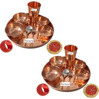 Set of 2 Prisha India Craft B. Indian Dinnerware Pure Copper Dinner Set Dia 12  Traditional Thali Set Dinner Set of Plate, Bowl, Spoons, Glass with Napkin ring and Coaster - Christmas Gift