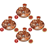 Set of 4 Prisha India Craft B. Indian Dinnerware Pure Copper Dinner Set Dia 12  Traditional Thali Set Dinner Set of Plate, Bowl, Spoons, Glass with Napkin ring and Coaster - Christmas Gift