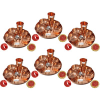 Set of 6 Prisha India Craft B. Indian Dinnerware Pure Copper Dinner Set Dia 12  Traditional Thali Set Dinner Set of Plate, Bowl, Spoons, Glass with Napkin ring and Coaster - Christmas Gift