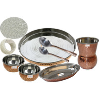 Prisha India Craft B. Dinnerware Steel Copper Thali Set Dia 13  Traditional Dinner Set of Plate, Bowl, Spoons, Glass with Napkin ring and Coaster - Christmas Gift