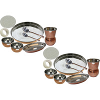 Set of 2 Prisha India Craft B. Dinnerware Steel Copper Thali Set Dia 13  Traditional Dinner Set of Plate, Bowl, Spoons, Glass with Napkin ring and Coaster - Christmas Gift