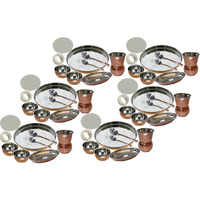 Set of 6 Prisha India Craft B. Dinnerware Steel Copper Thali Set Dia 13  Traditional Dinner Set of Plate, Bowl, Spoons, Glass with Napkin ring and Coaster - Christmas Gift