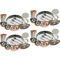 Set of 4 Prisha India Craft B. Best Indian Dinnerware Steel Copper Thali Set Dia 13  Traditional Dinner Set of Plate, Bowl, Spoons, Glass with Napkin ring and Coaster - Christmas Gift
