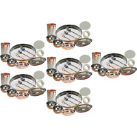 Set of 6 Prisha India Craft B. Best Indian Dinnerware Steel Copper Thali Set Dia 13  Traditional Dinner Set of Plate, Bowl, Spoons, Glass with Napkin ring and Coaster - Christmas Gift