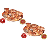 Set of 2 Prisha India Craft B. Best Dinnerware Pure Copper Thali Set Dia 12  Indian Traditional Dinner Set of Plate, Bowl, Spoons, Glass with Napkin ring and Coaster - Christmas Gift