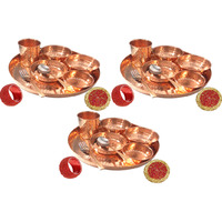 Set of 3 Prisha India Craft B. Best Dinnerware Pure Copper Thali Set Dia 12  Indian Traditional Dinner Set of Plate, Bowl, Spoons, Glass with Napkin ring and Coaster - Christmas Gift