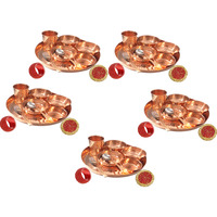 Set of 5 Prisha India Craft B. Best Dinnerware Pure Copper Thali Set Dia 12  Indian Traditional Dinner Set of Plate, Bowl, Spoons, Glass with Napkin ring and Coaster - Christmas Gift