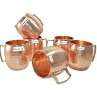 Set of 6 - Prisha India Craft B. Moscow Mule Solid Copper Mug 550 ML / 18 oz - 100% Pure Copper Hammered Best Quality Lacquered Finish, Cocktail Cup, Copper Mugs, Cocktail Mugs with No Inner Linings