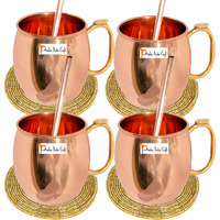 Set of 4 - Prisha India Craft B. Pure Copper Moscow Mules Copper Mug with Thumb Handle 475 ML / 16 oz - Cocktail Cup - Christmas Gift Bonus with WOODEN KEYRING, Copper Straw, Beaded Coaster