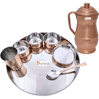 Prisha India Craft B. Dinnerware Traditional Stainless Steel Copper Dinner Set of Thali Plate, Bowls, Glass and Spoon, Dia 13  With 1 Pure Copper Maharaja Pitcher Jug - Christmas Gift