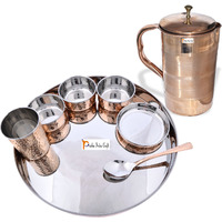 Prisha India Craft B. Dinnerware Traditional Stainless Steel Copper Dinner Set of Thali Plate, Bowls, Glass and Spoon, Dia 13  With 1 Luxury Style Pure Copper Pitcher Jug - Christmas Gift
