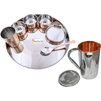 Prisha India Craft B. Dinnerware Traditional Stainless Steel Copper Dinner Set of Thali Plate, Bowls, Glass and Spoon, Dia 13  With 1 Stainless Steel Copper Pitcher Jug - Christmas Gift