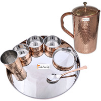 Prisha India Craft B. Dinnerware Traditional Stainless Steel Copper Dinner Set of Thali Plate, Bowls, Glass and Spoon, Dia 13  With 1 Pure Copper Hammered Pitcher Jug - Christmas Gift