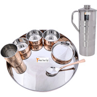 Prisha India Craft B. Dinnerware Traditional Stainless Steel Copper Dinner Set of Thali Plate, Bowls, Glass and Spoon, Dia 13  With 1 Luxury Style Stainless Steel Copper Pitcher Jug - Christmas Gift