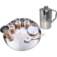 Prisha India Craft B. Dinnerware Traditional Stainless Steel Copper Dinner Set of Thali Plate, Bowls, Glass and Spoon, Dia 13  With 1 Embossed Stainless Steel Copper Pitcher Jug - Christmas Gift