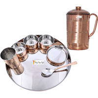 Prisha India Craft B. Dinnerware Traditional Stainless Steel Copper Dinner Set of Thali Plate, Bowls, Glass and Spoon, Dia 13  With 1 Pure Copper Pitcher Jug - Christmas Gift
