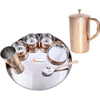 Prisha India Craft B. Dinnerware Traditional Stainless Steel Copper Dinner Set of Thali Plate, Bowls, Glass and Spoon, Dia 13  With 1 Pure Copper Classic Pitcher Jug - Christmas Gift