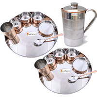 Prisha India Craft B. Set of 2 Dinnerware Traditional Stainless Steel Copper Dinner Set of Thali Plate, Bowls, Glass and Spoon, Dia 13  With 1 Pure Copper Pitcher Jug - Christmas Gift