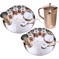 Prisha India Craft B. Set of 2 Dinnerware Traditional Stainless Steel Copper Dinner Set of Thali Plate, Bowls, Glass and Spoon, Dia 13  With 1 Luxury Style Pure Copper Pitcher Jug - Christmas Gift