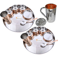 Prisha India Craft B. Set of 2 Dinnerware Traditional Stainless Steel Copper Dinner Set of Thali Plate, Bowls, Glass and Spoon, Dia 13  With 1 Stainless Steel Copper Pitcher Jug - Christmas Gift