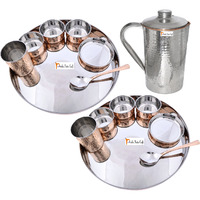 Prisha India Craft B. Set of 2 Dinnerware Traditional Stainless Steel Copper Dinner Set of Thali Plate, Bowls, Glass and Spoon, Dia 13  With 1 Stainless Steel Copper Hammered Pitcher Jug - Christmas Gift