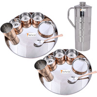 Prisha India Craft B. Set of 2 Dinnerware Traditional Stainless Steel Copper Dinner Set of Thali Plate, Bowls, Glass and Spoon, Dia 13  With 1 Luxury Style Stainless Steel Copper Pitcher Jug - Christmas Gift