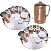 Prisha India Craft B. Set of 2 Dinnerware Traditional Stainless Steel Copper Dinner Set of Thali Plate, Bowls, Glass and Spoon, Dia 13  With 1 Pure Copper Pitcher Jug - Christmas Gift