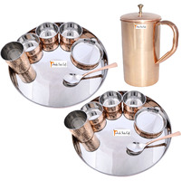 Prisha India Craft B. Set of 2 Dinnerware Traditional Stainless Steel Copper Dinner Set of Thali Plate, Bowls, Glass and Spoon, Dia 13  With 1 Pure Copper Classic Pitcher Jug - Christmas Gift