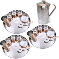 Prisha India Craft B. Set of 3 Dinnerware Traditional Stainless Steel Copper Dinner Set of Thali Plate, Bowls, Glass and Spoon, Dia 13  With 1 Pure Copper Pitcher Jug - Christmas Gift