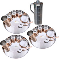 Prisha India Craft B. Set of 3 Dinnerware Traditional Stainless Steel Copper Dinner Set of Thali Plate, Bowls, Glass and Spoon, Dia 13  With 1 Luxury Style Stainless Steel Copper Pitcher Jug - Christmas Gift