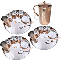 Prisha India Craft B. Set of 3 Dinnerware Traditional Stainless Steel Copper Dinner Set of Thali Plate, Bowls, Glass and Spoon, Dia 13  With 1 Luxury Style Pure Copper Pitcher Jug - Christmas Gift