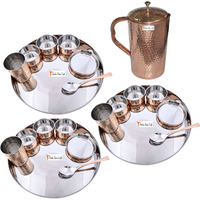 Prisha India Craft B. Set of 3 Dinnerware Traditional Stainless Steel Copper Dinner Set of Thali Plate, Bowls, Glass and Spoon, Dia 13  With 1 Pure Copper Hammered Pitcher Jug - Christmas Gift