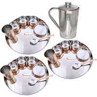 Prisha India Craft B. Set of 3 Dinnerware Traditional Stainless Steel Copper Dinner Set of Thali Plate, Bowls, Glass and Spoon, Dia 13  With 1 Stainless Steel Copper Hammered Pitcher Jug - Christmas Gift