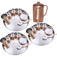 Prisha India Craft B. Set of 3 Dinnerware Traditional Stainless Steel Copper Dinner Set of Thali Plate, Bowls, Glass and Spoon, Dia 13  With 1 Pure Copper Pitcher Jug - Christmas Gift