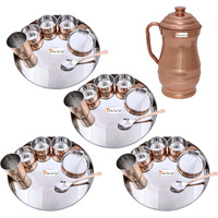 Prisha India Craft B. Set of 4 Dinnerware Traditional Stainless Steel Copper Dinner Set of Thali Plate, Bowls, Glass and Spoon, Dia 13  With 1 Pure Copper Maharaja Pitcher Jug - Christmas Gift